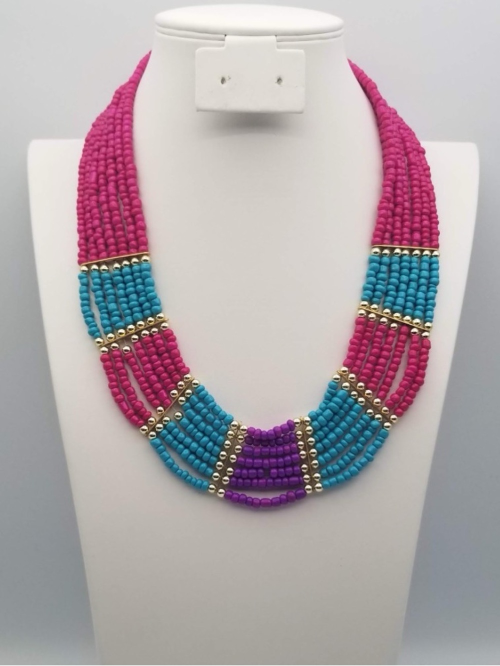 Handmade Pink, Turquoise & Purple Beaded Statement Necklace